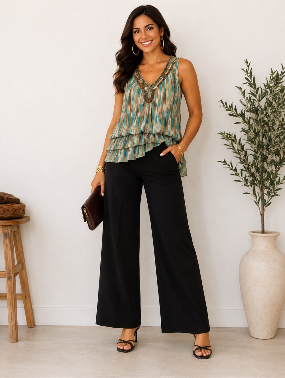 Signature by Larry Levine Teal Tan Beaded V-Neck Sleeveless Lined Top PTP 22" - Picture 5 of 11
